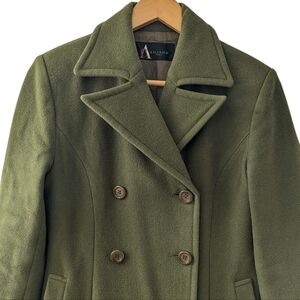 Vintage Christian Aujard Wool Olive Green Double-Breasted Long Trench Pea Coat